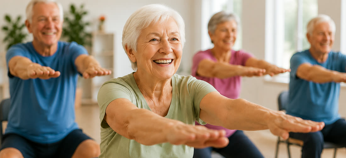 Ältere Menschen strecken im Sitzen die Arme nach vorn im Kurs Fit im Alter.
