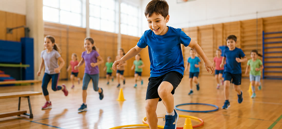 Kinder laufen beim Kindersport durch einen Hütchen-Parcours in einer Turnhalle.